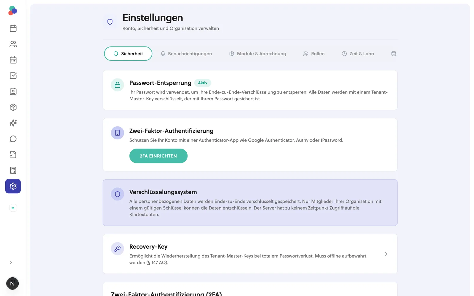 Sicherheitseinstellungen in magoro: Passwort-Entsperrung, Zwei-Faktor-Authentifizierung, Ende-zu-Ende-Verschlüsselung und Recovery-Key.